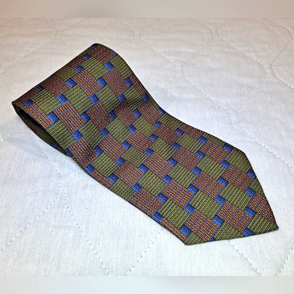 Gianfranco Ruffini 💯 Silk Designer Necktie 58" x 3.75" Green/Gold/Blue Squares - Picture 1 of 9